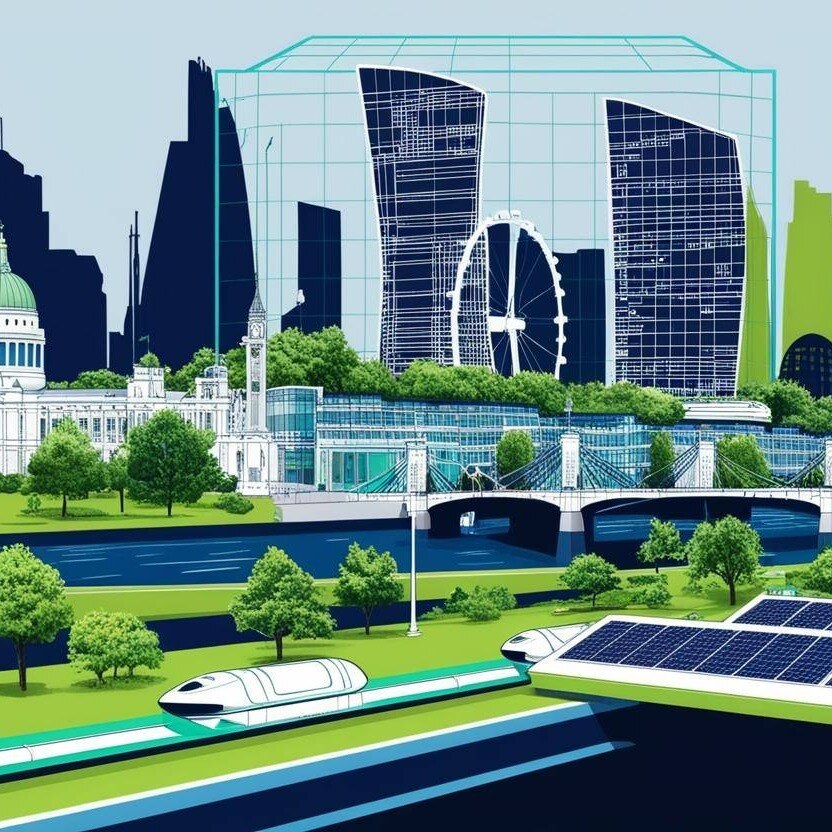 Vibrant, stylised digital illustration featuring a modern, eco-friendly London cityscape that features new and known landmarks that have been integrated and upgraded with greenery, solar panels, and innovative architecture, symbolising a sustainable